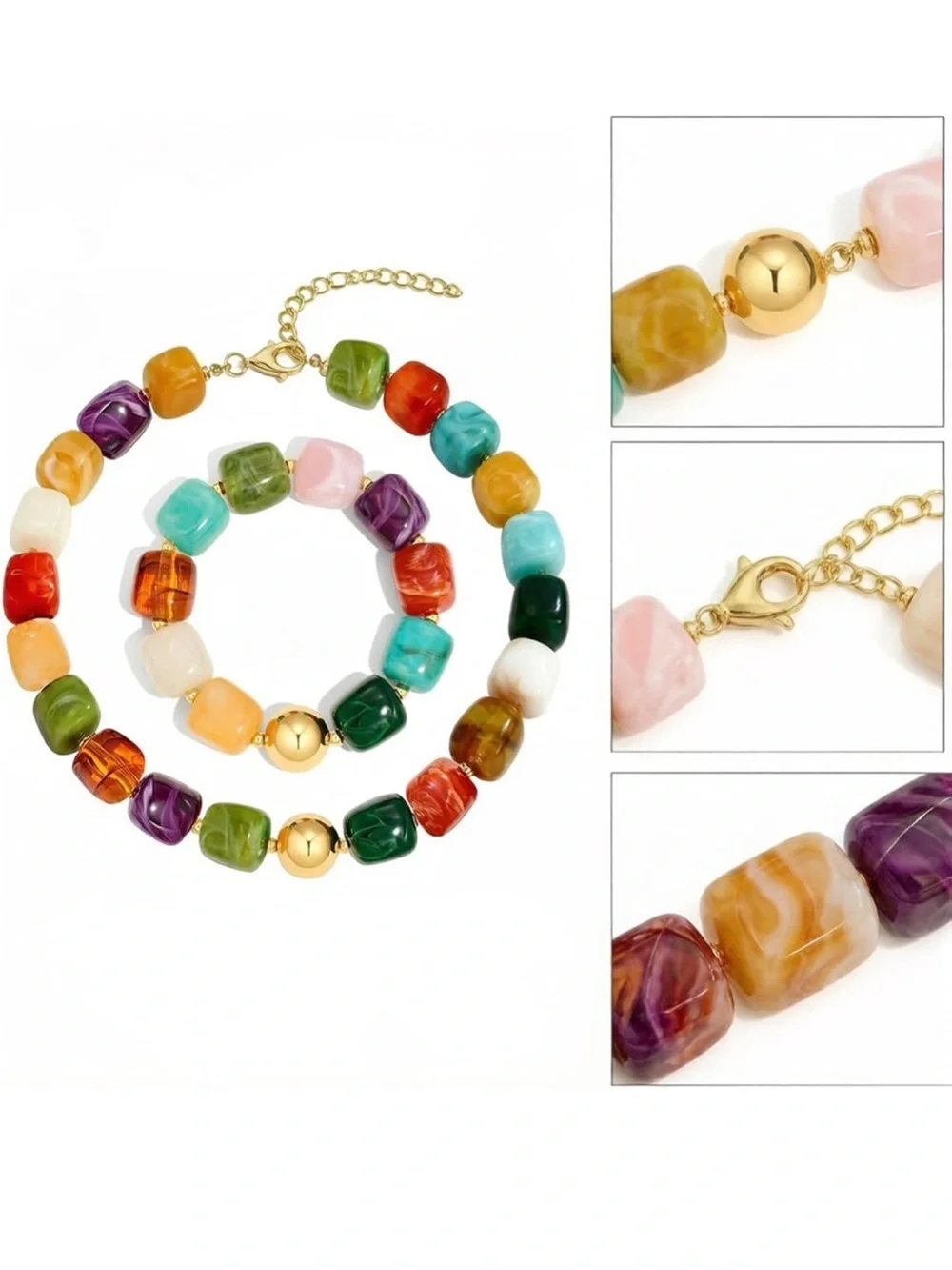 Colorful Bead Necklace and Bracelet Set - Bohemian, Beach